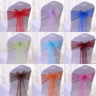 Glass Gauze Chair Cover with Blue and Yellow Ribbon, Elastic Chair Back Bow for Hotel Weddings