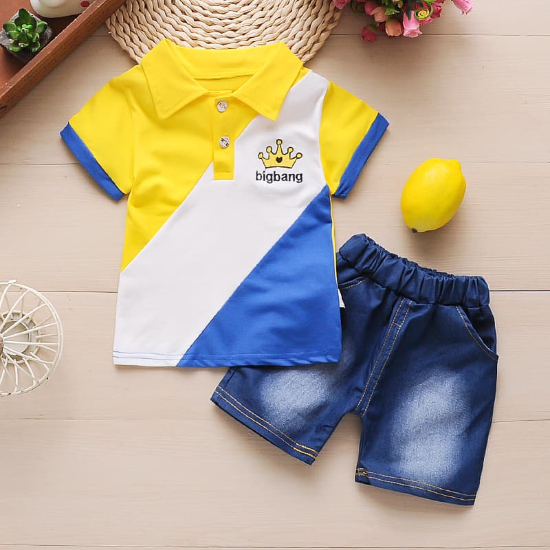 New Summer Boys' Two-Piece Set Contrast Color Stitching Kids Short Sleeve T-Shirt and Shorts Set Drop Shipping for Boys