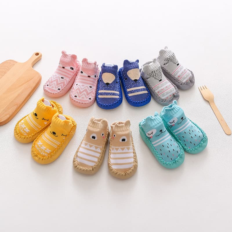 Kids Cartoon Baby Leather Sole Socks Fox Pattern Non-Slip Soft Bottom Shoes Floor Socks Breathable Absorbent Short Boat Socks