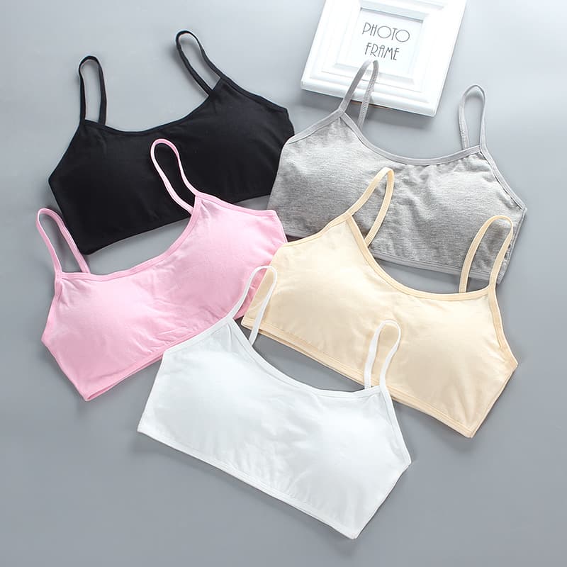 12-year-old girls' bra with cotton straps, suitable for elementary school students during puberty, thin straps, wire-free, with inserts.