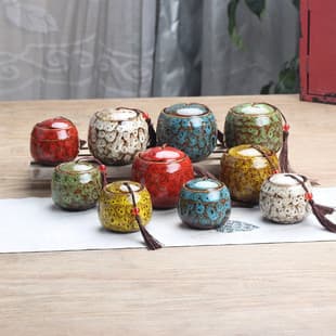 Ceramic Kiln-Color Small Tea Canister, Vintage Home Storage Jar, Moisture-Proof Medicine Container, Portable Travel Set, Colorful Pottery