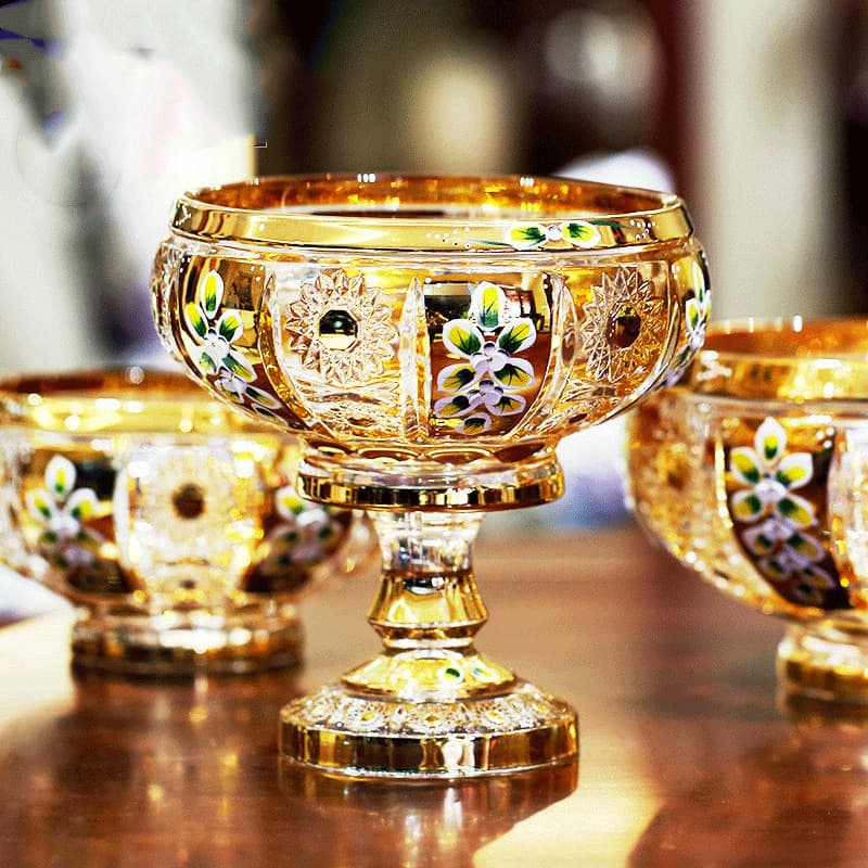 Czech Craftsmanship Gold-Plated Enamel Crystal Glass Fruit Bowl Creative Modern Snack Fruit Plate European Style Living Room Decoration