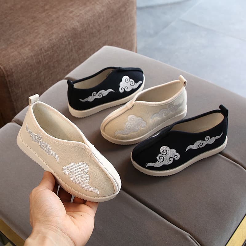 Boys Embroidered Dance Shoes Beijing Old Style Cotton Fabric Hanfu Performance Shoes Baby Style Slip-On Retro Thickened Rubber Sole