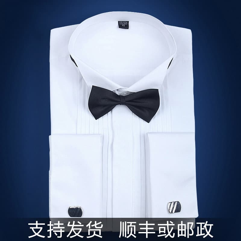 Spring Groom Wedding White-Pink High-Quality Cotton Long-Sleeve Shirt for Men with Wing Collar and French Cuff Buttons