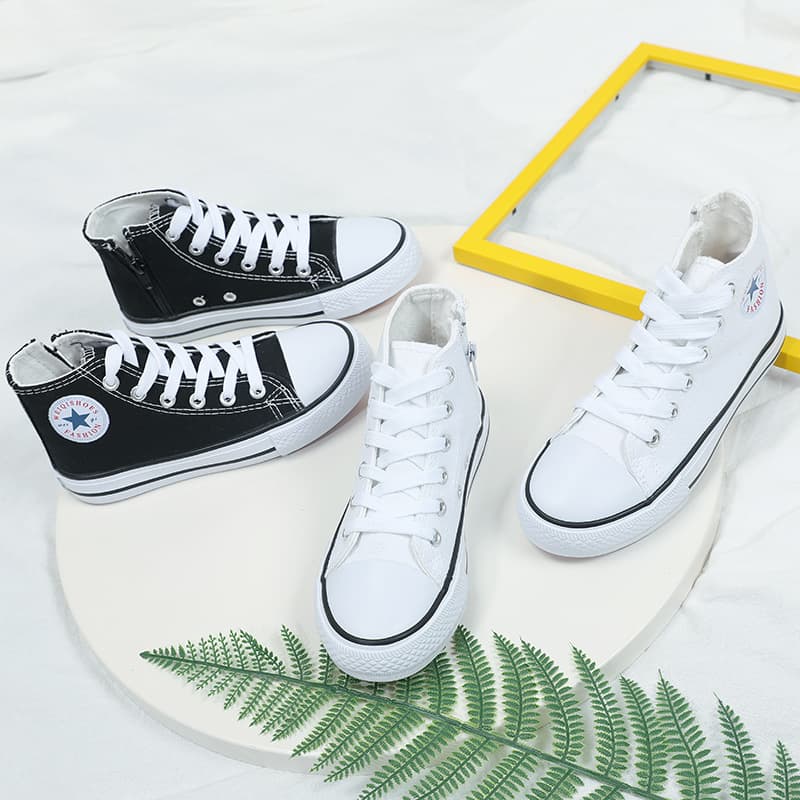 Children's Canvas High-Top Shoes with Side Zipper, Boys' Spring and Autumn Casual Shoes, Girls' Board Shoes, Solid Color Korean Style Versatile Canvas