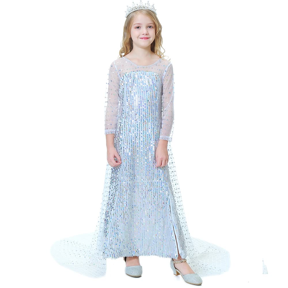2025 Frozen Elsa Princess Dress Sequined White Dress with Detachable Cape for Export Dropshipping