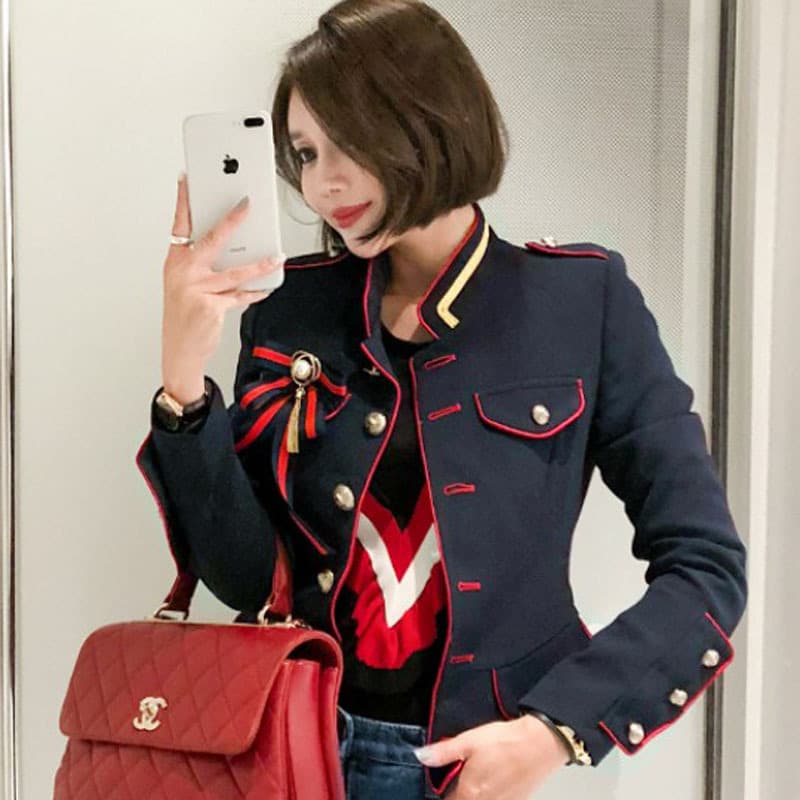 Cross-border women's clothing 2025 autumn/winter new arrivals retro stand collar navy style single-breasted stand collar slim long sleeve short jacket