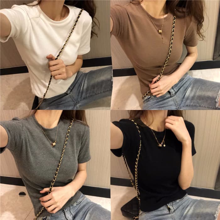 Spring Season Fashion Chic Retro Round Neck Basic Short Sleeve T-shirt Women Trendy Korean Style Polyester Fabric Style