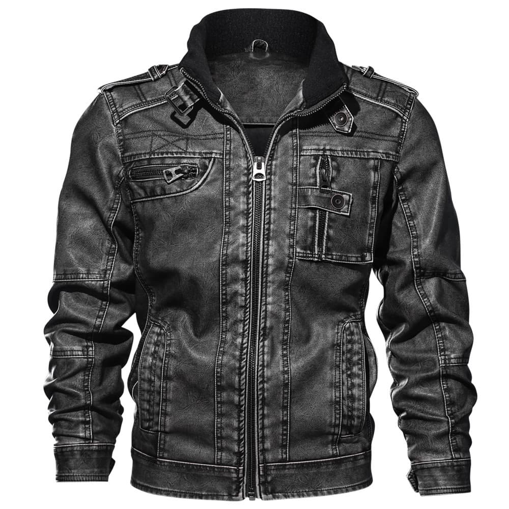 Winter spot casual round hem stand collar zipper winter hooded black youth side seam pocket leather jacket