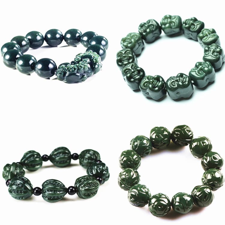 Natural Hetian Jade Green Jade Bracelet Hand-Carved Double-Sided Buddha Head Walnut Bracelet Hetian Jade Pixiu Bracelet Wholesale