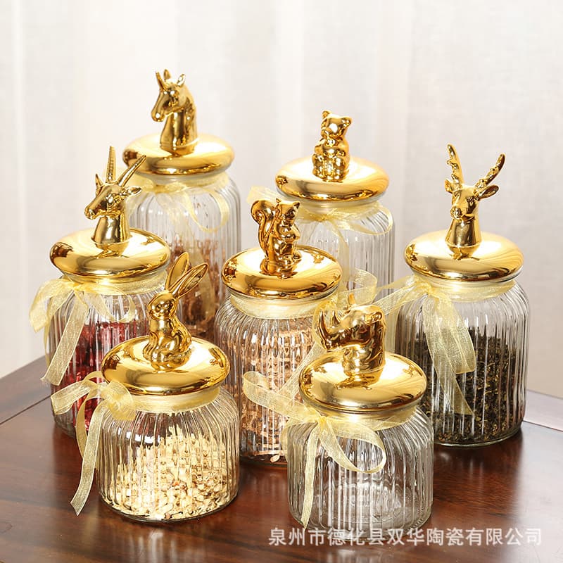 Glass airtight jar with electroplated ceramic lid, medium to large size, suitable for storing dry goods, grains, and household items, as well as candy and tea.