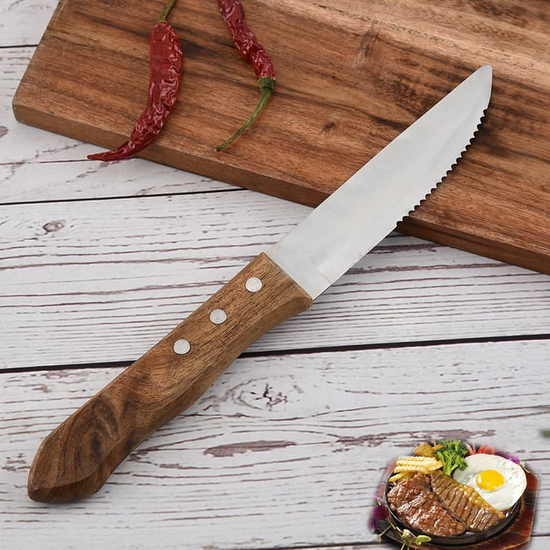 Manufacturer stainless steel steak knife, acacia wood handle serrated knife, Western steak knife, household kitchen cutlery