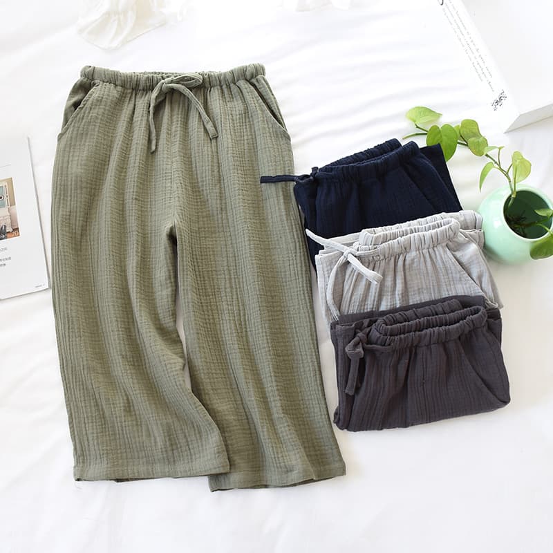 Men's Sleep Pants Home Cotton Crepe Fabric Summer Loose Fit Double-Layer Gauze Combed Cotton Casual Thin Style Plus Size Loungewear