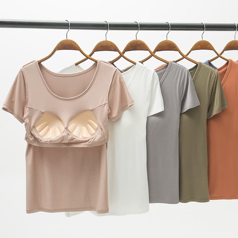 Manufacturer Wholesale Summer Modal Short Sleeve Women's T-Shirt with Built-in Bra Pads Solid Color Bra-Integrated Half Sleeve Can Be Worn Out Base Layer