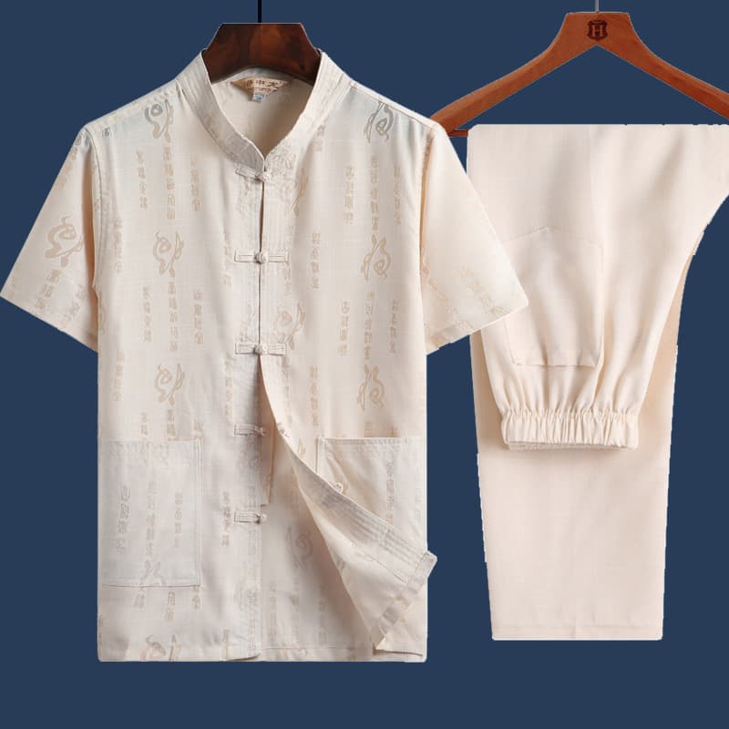 Chinese Style Men's Set Layman Clothing, Middle-Aged and Elderly Linen Tang Suit Summer Short Sleeve Ethnic Chinese Hanfu Cotton Linen Shirt