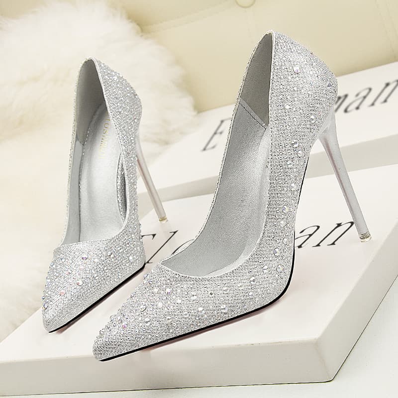 305-1 Korean Fashion Sweet Elegant Thin Heel High Heel Shallow Mouth Thin Pointed Colored Diamond Rhinestone Wedding Shoes