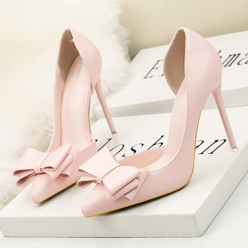 3168-2 Korean style fashionable, delicate and sweet bow high heels, stiletto heels, shallow mouth, pointed toe and side hollow shoes