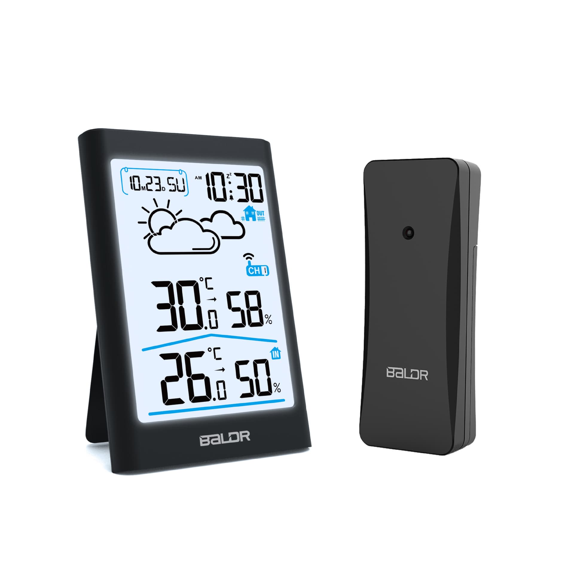 BALDR Exclusive Indoor/Outdoor Thermometer & Hygrometer Wireless Weather Station Forecast Moon Phase Calendar Week