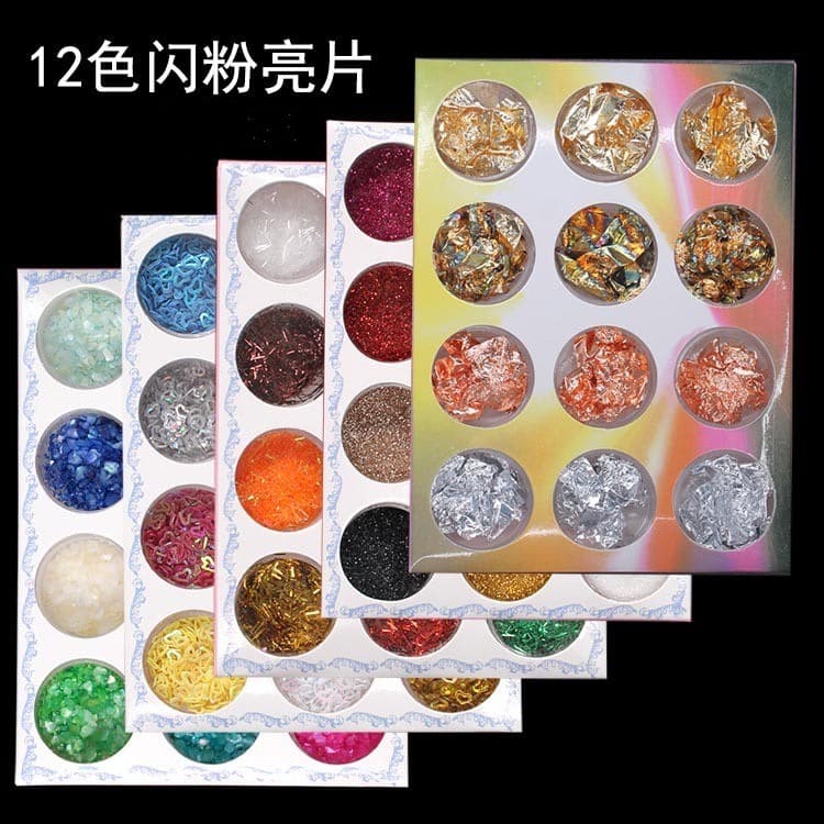 Nail Glitter Fine Sparkle Powder, Diamond Shape, Velvet Shell Powder, Laser Nail Polish Gel, Round Heart Shape 12-Color Decoration Set