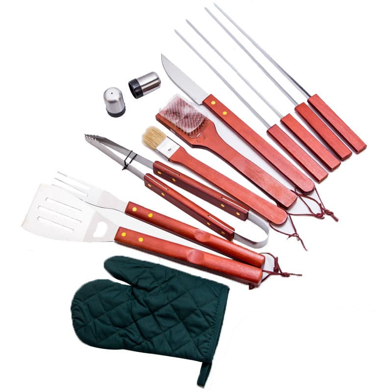 Factory Direct American Style Apron Bag 13-Piece Wooden Handle Barbecue Tool Set with Color Box Packaging, Outdoor Grill Utensils