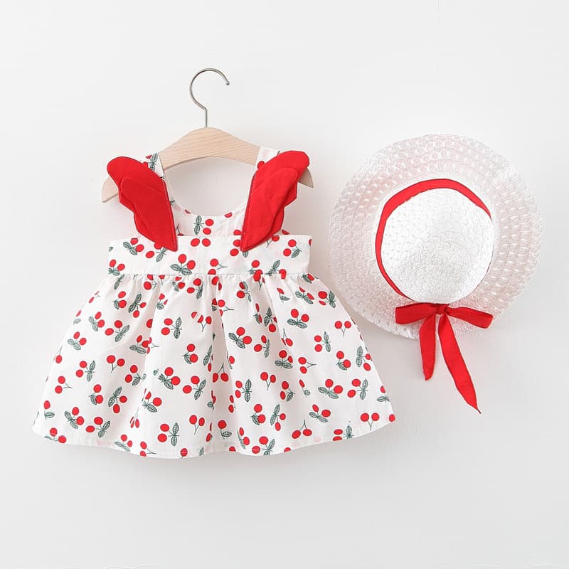 2021 Summer New Baby Girl Dress Cherry Print Wing Strap Dress Fashion with Straw Hat