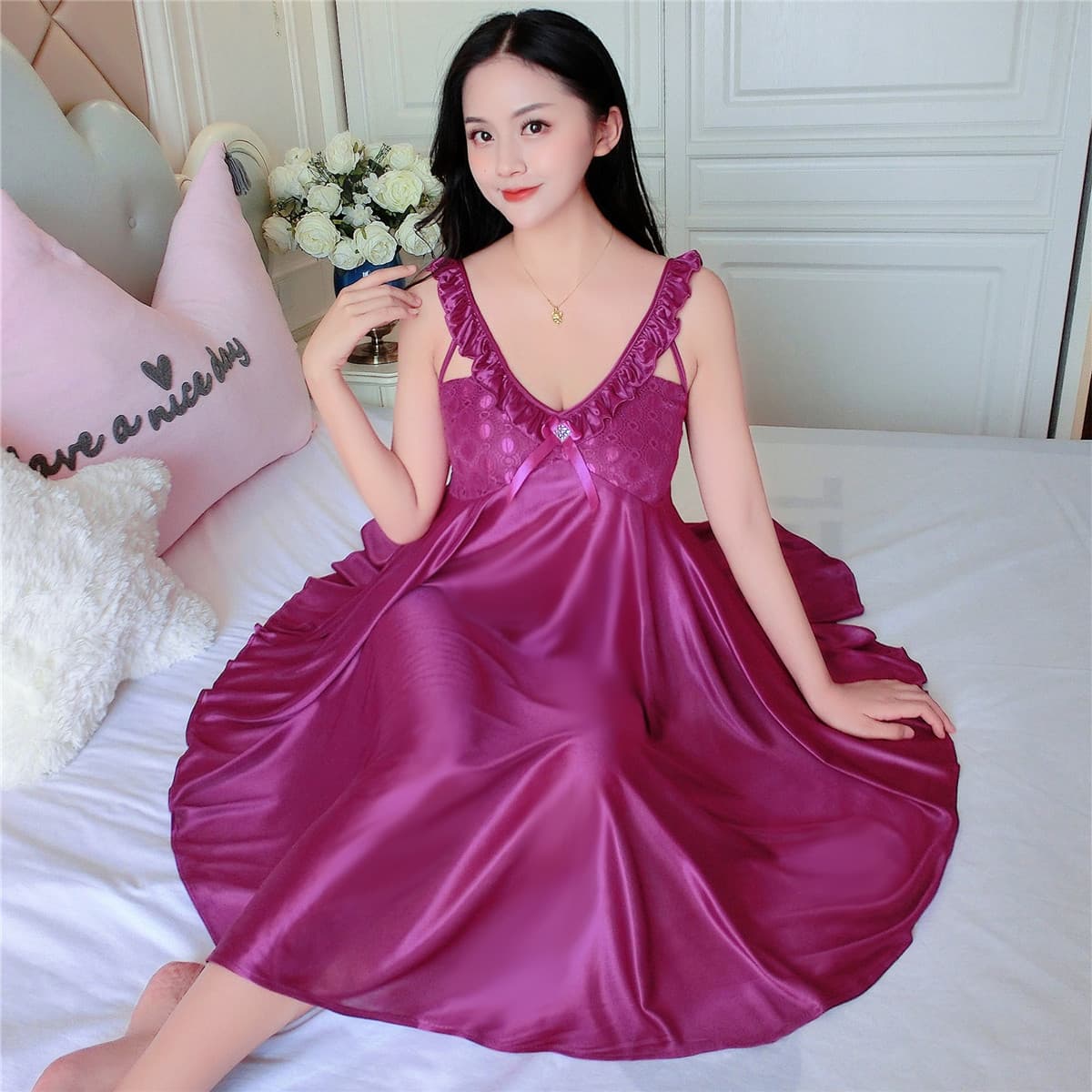 Summer New Pajamas for Women, Plus Size Ice Silk Nightgown, Thin Sexy Loose Homewear