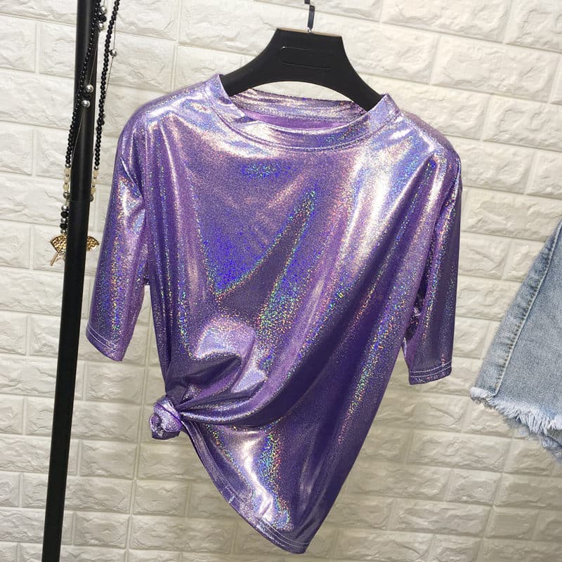 Shiny Thread Mid-Length Short-Sleeve Women's T-shirt Rock Style Street Fashion Korean Version Polyester Lycra Blend Tee Dress