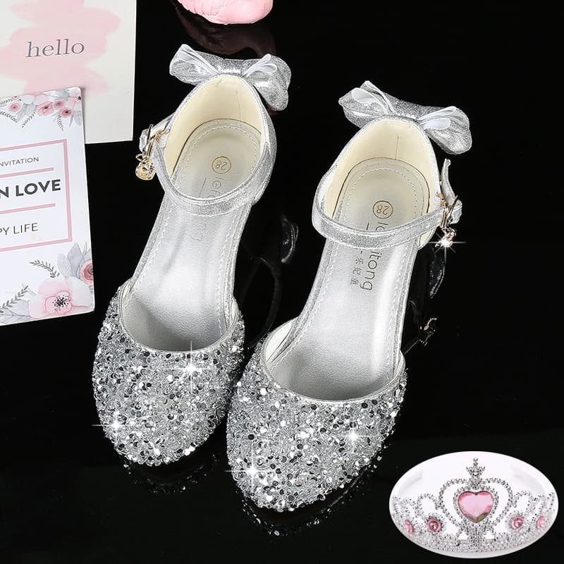 Princess High Heels Crystal Shoes for Girls Performance Show Silver Children Match Dress Middle Large Children Fashion Show Stage Shoes