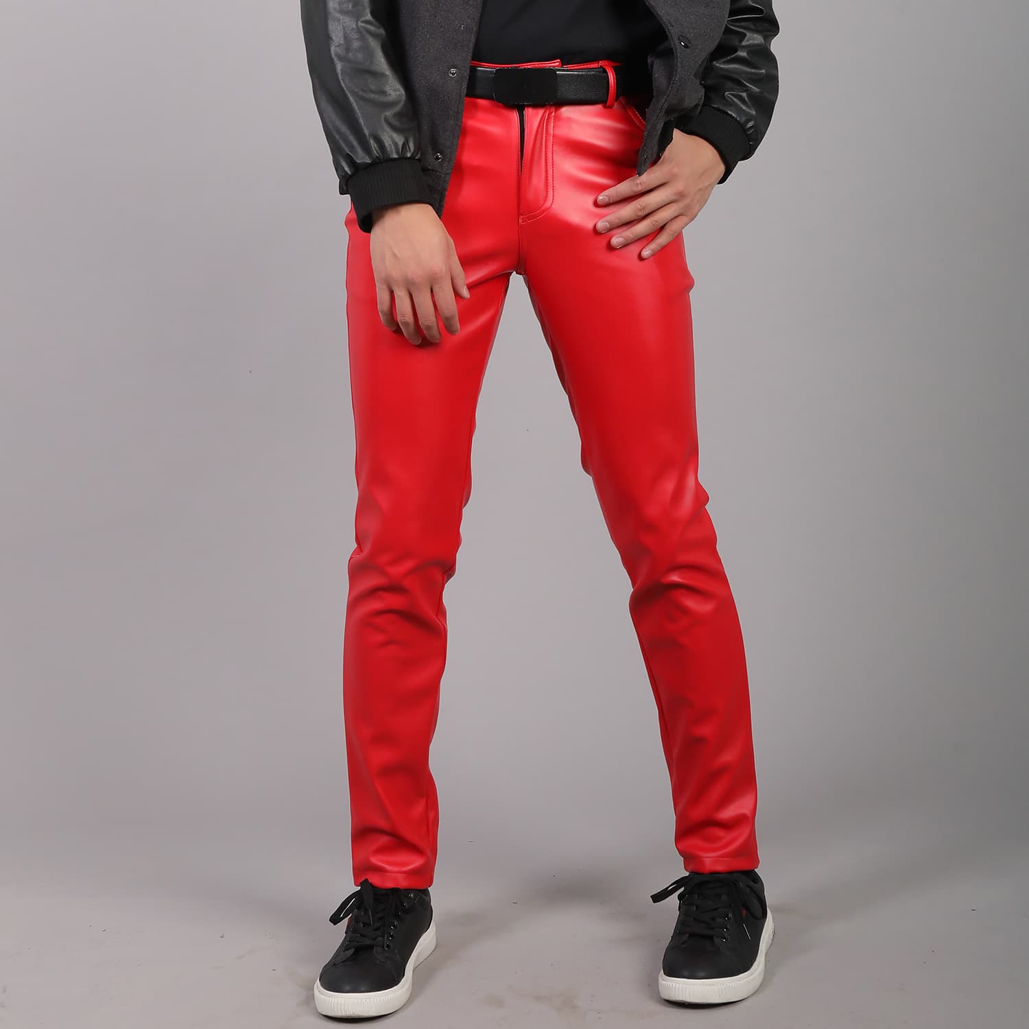 Stretch Slim Fashion Water-Resistant Leather Pants for Men, Dance Performance, Bar, Salon