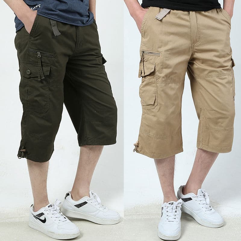 Summer multi-pocket three-quarter pants men's loose large size wide-leg cargo shorts men's pure cotton sports pants