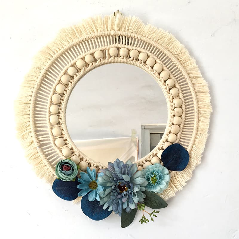 Cotton Rope Round Mirror, Bathroom Vanity Mirror, Artificial Flower Decoration, Hanging Creative Wall-Mounted Simple Style