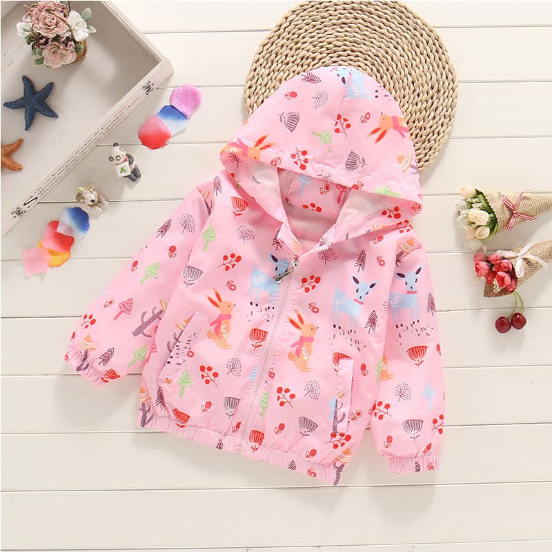 Children's Girls Spring Autumn Windbreaker Jacket 2026 Korean Style Windproof Thin Hooded Cardigan Cartoon Print