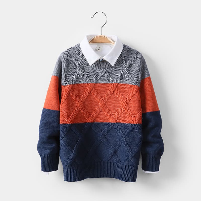 Korean Style Boys Autumn Winter Base Layer Pullover Round Neck Jacquard Sweater for Toddlers and Kids Ages 2-10