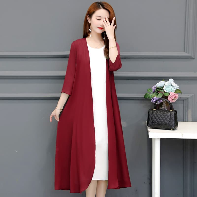 1223 Mid-Length Chiffon Sun Protection Cardigan for Women, Knee-Length Open-Front Style
