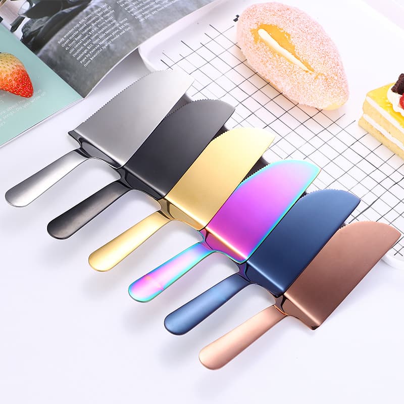 Stainless Steel Cake Slice with Golden Iridescent Pizza Cutter, Triangular Cake Transfer Shovel, Bread Shovel for Kitchen Baking