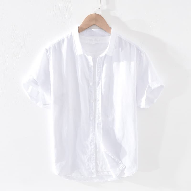 Men's Basic Cotton-Linen Short Sleeve Shirt, Youth Thin Breathable Relaxed Fit Square Collar Linen Shirt, Drop Shipping