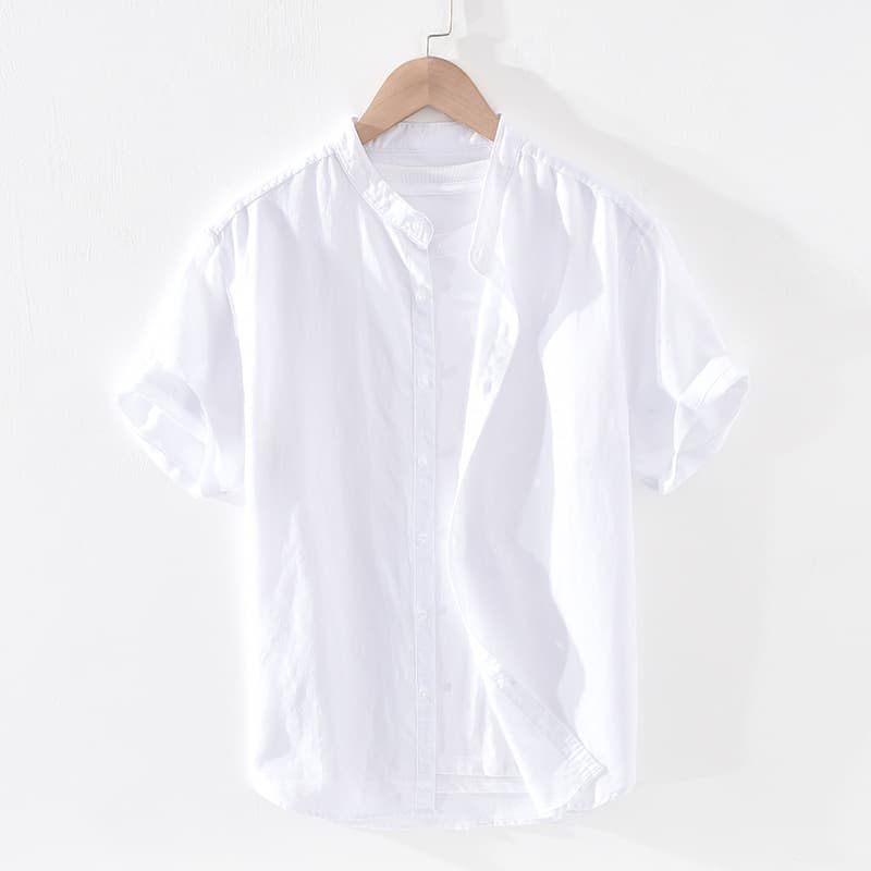 Summer 6007 Men's Loose Linen Shirt Basic Thin Short Sleeve Stand Collar Cotton and Linen Shirt Men's One-Piece Delivery