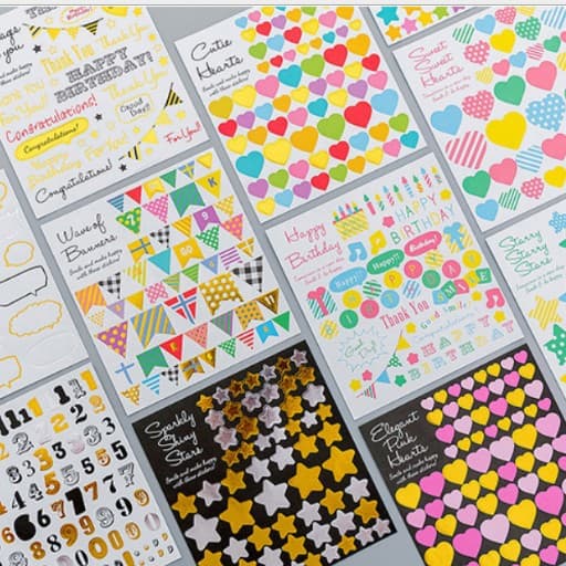 Fresh Creative Geometric Pattern Stickers, Gold Foil Decorative Stickers, Heart Star Bunting Alphabet Stickers for Book Pages