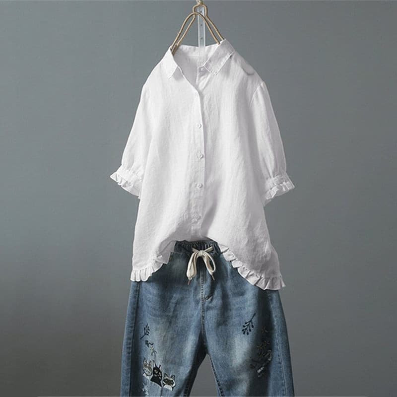 Amazon Ebay New Summer Product Hot Sale Versatile Casual Single-Breasted Ruffled Cotton and Linen Short-Sleeved Shirt