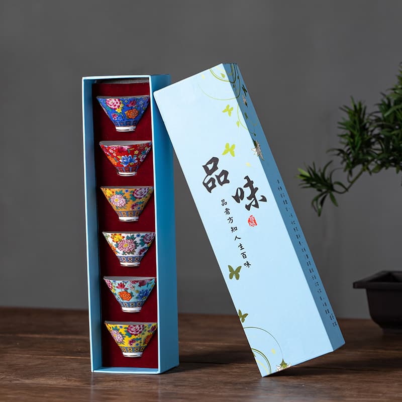 Premium Tea Set - Enamel Color Tea Cup, Bamboo Hat Cup with Carved Pattern, Gold-Traced Tea Bowl, Single Owner Cup for Tea Tasting
