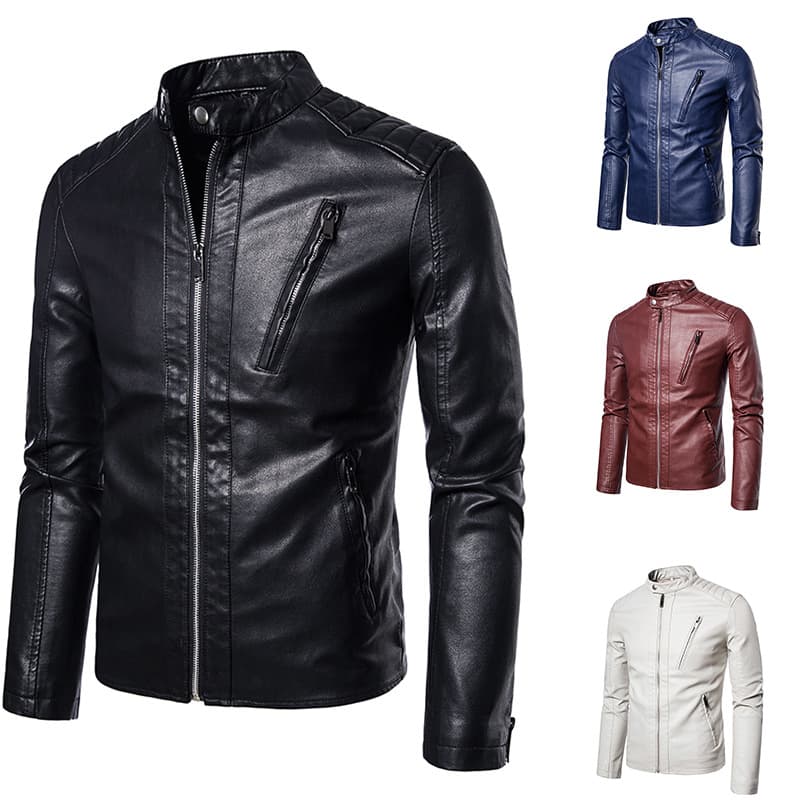 Casual Slim Fit Men's Leather Jacket Korean Style Fashionable Youth Spring Autumn Motorcycle Coat Zipper Closure No Hood