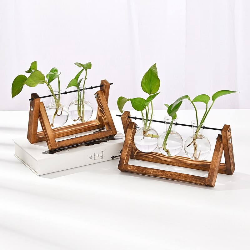 Creative Wooden Frame Hydroponic Glass Vase, Ins Style Retro Green Pothos Plant Container, Small Desktop Decoration