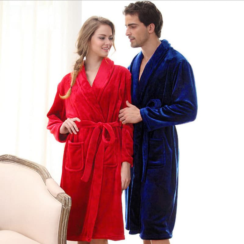 Cross-Border Hotel Bathrobe Long Sleeve Pajamas Solid Color Lapel Casual Flannel Robe Europe & America Foreign Trade Couples Homewear