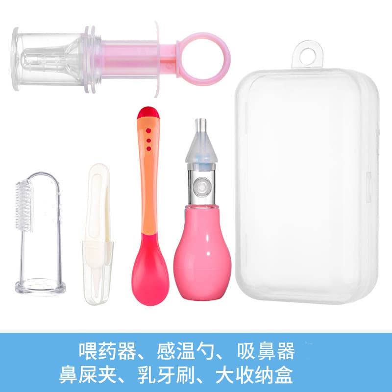 5-Piece Baby Medicine Dispenser Set Including Syringe/Dropper, Nasal Aspirator, Clamp, Finger Brush, and Spoon