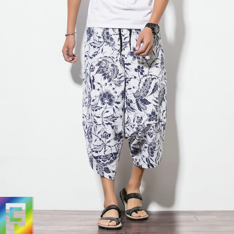 Thai Elephant Wide-Leg Linen Shorts, Loose-Fitting Harem Pants, Plus Size Men's Summer Beach Shorts, Cropped Pants