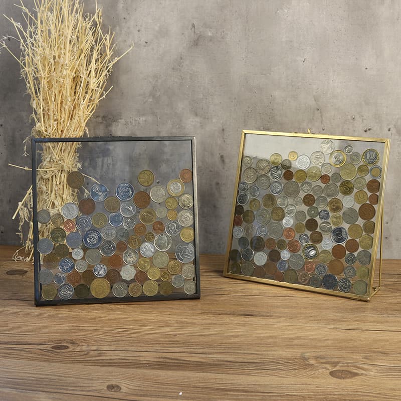 Square Coin Collection Frame Glass Transparent Picture Frame Metal Copper Frame Study Desk Display Money Storage Frame