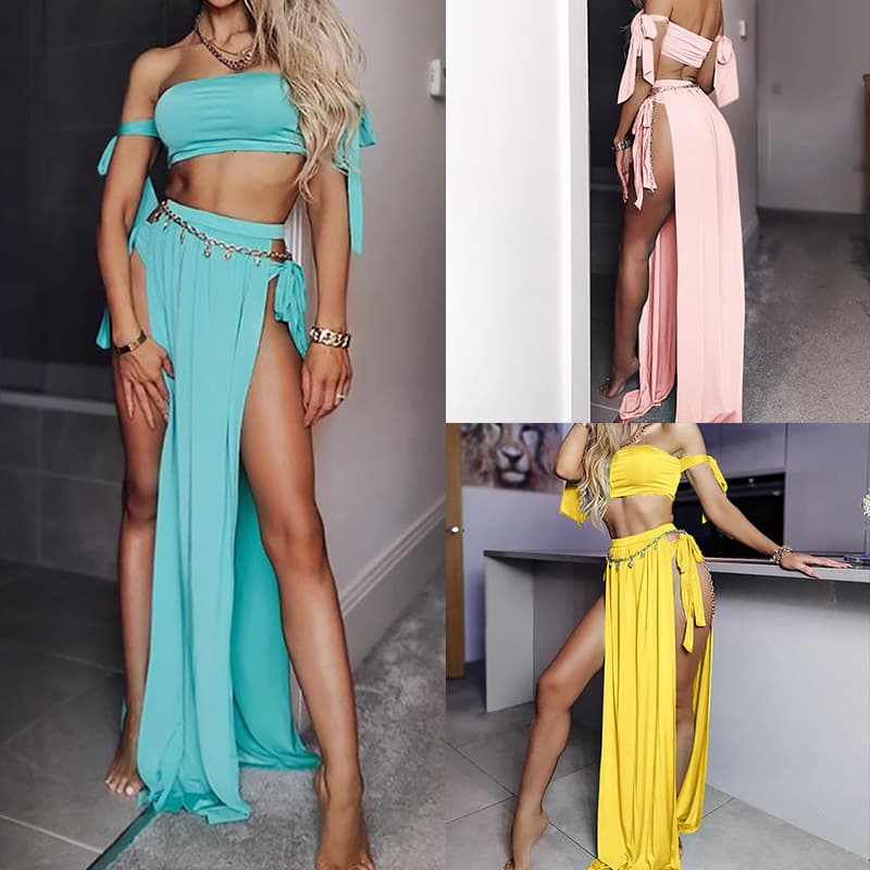 FC876 New Release Women's Fashion Strapless Top Sexy Side Slit Skirt Two-Piece Suit Sexy Stylish Chinese Origin
