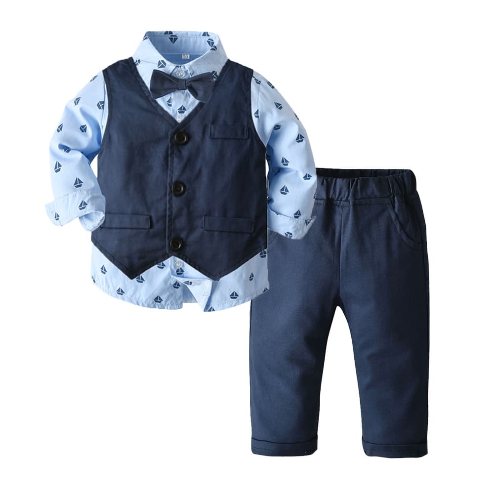 Kids' Spring 2025 Three-Piece Set Boys' Vest Bow Tie Long-Sleeve Shirt and Pants Outfit Baby Set