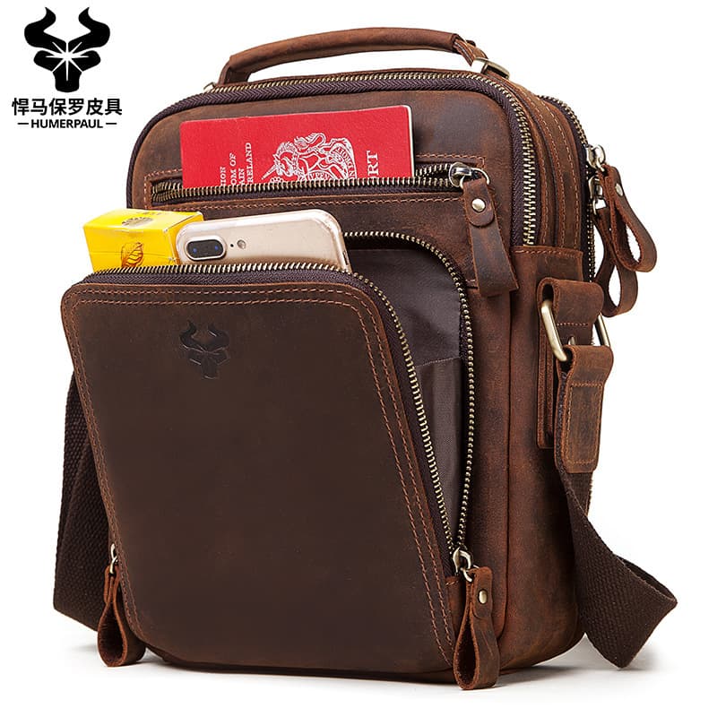 Source Vintage Genuine Leather Men's Shoulder Bag, Crazy Horse Cowhide Crossbody Bag, Best-Selling Genuine Leather Shoulder Bag
