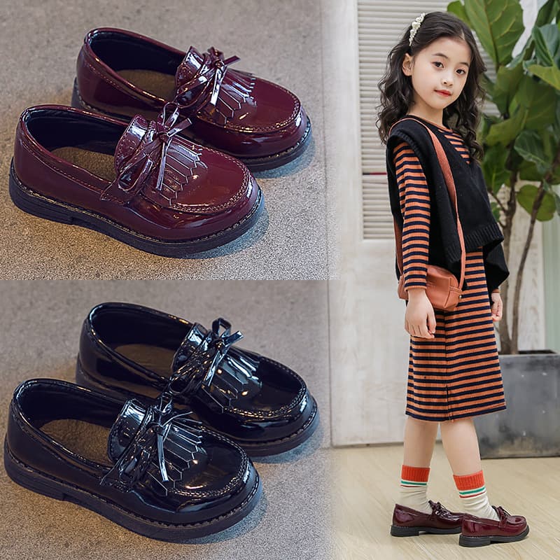 2022 Spring Stylish Black Princess Shoes for Girls, Single Soft Sole Leather Shoes, Children's Performance Bean Shoe Style